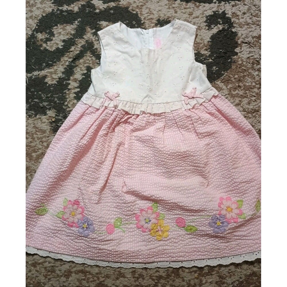 Magic Moments Pastel Pink Seersucker Dress Floral Embroidery Easter Size 3T